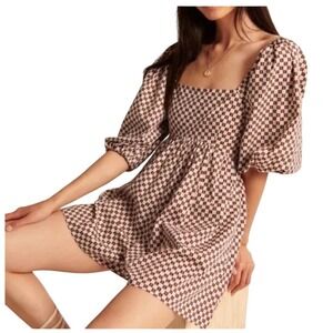 Abercrombie & Fitch Checkered Puff Sleeve Romper Womens Small Brown Cream